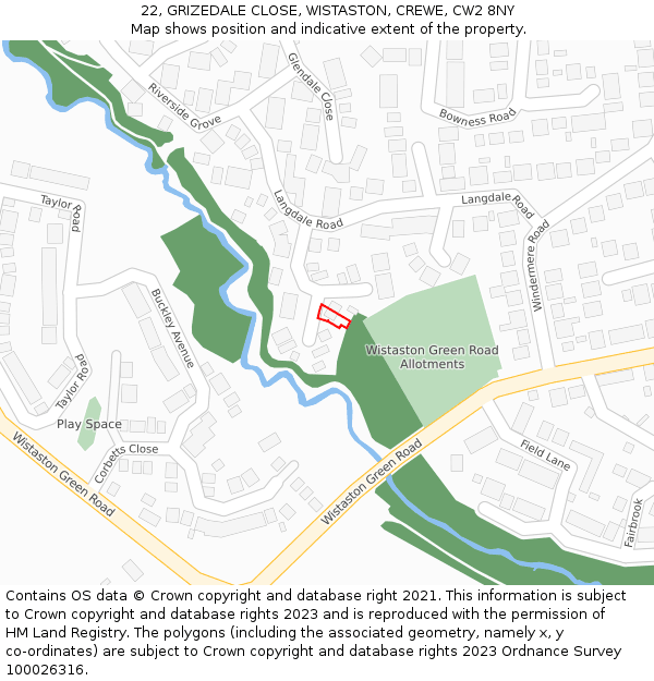 22, GRIZEDALE CLOSE, WISTASTON, CREWE, CW2 8NY: Location map and indicative extent of plot