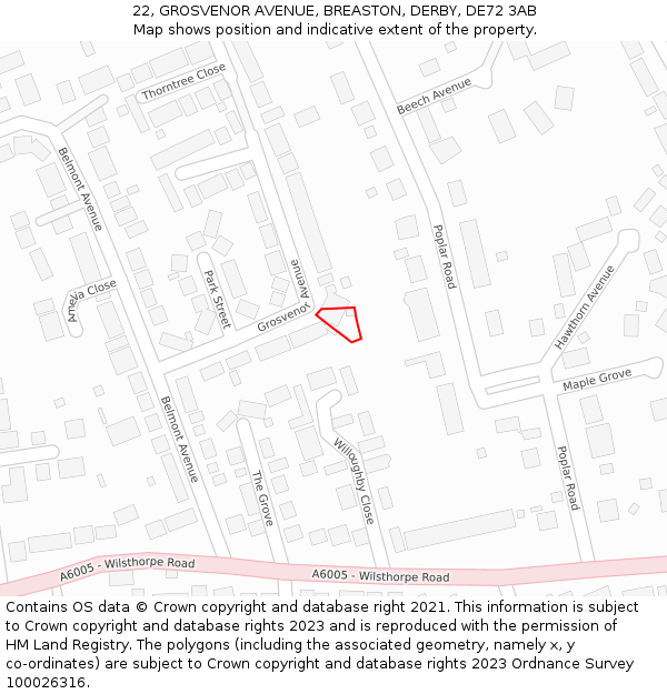 22, GROSVENOR AVENUE, BREASTON, DERBY, DE72 3AB: Location map and indicative extent of plot