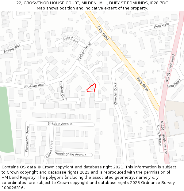 22, GROSVENOR HOUSE COURT, MILDENHALL, BURY ST EDMUNDS, IP28 7DG: Location map and indicative extent of plot