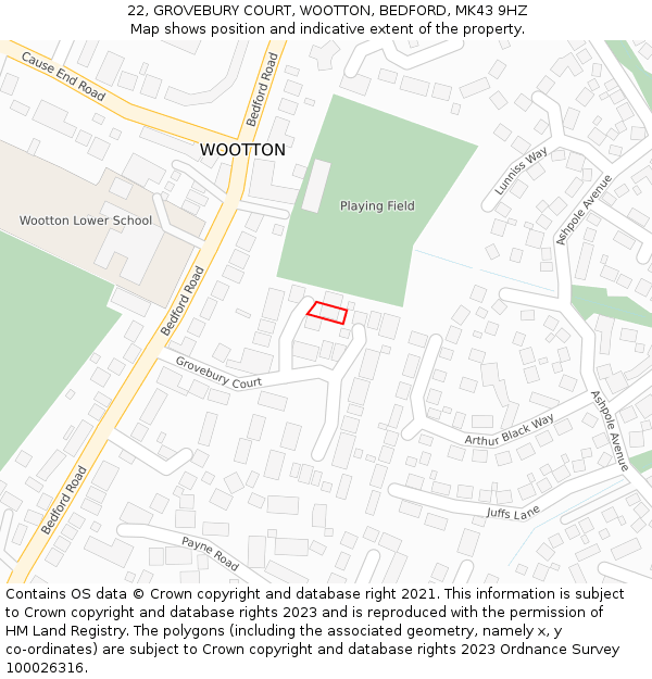 22, GROVEBURY COURT, WOOTTON, BEDFORD, MK43 9HZ: Location map and indicative extent of plot