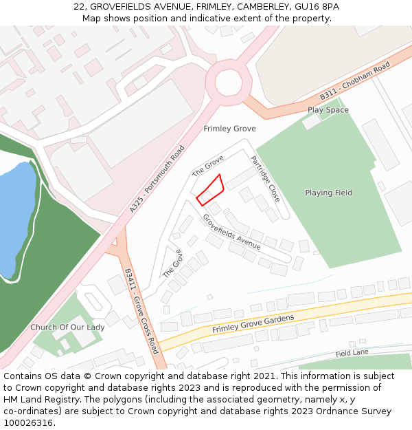 22, GROVEFIELDS AVENUE, FRIMLEY, CAMBERLEY, GU16 8PA: Location map and indicative extent of plot