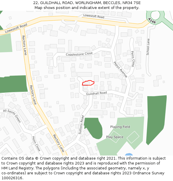 22, GUILDHALL ROAD, WORLINGHAM, BECCLES, NR34 7SE: Location map and indicative extent of plot