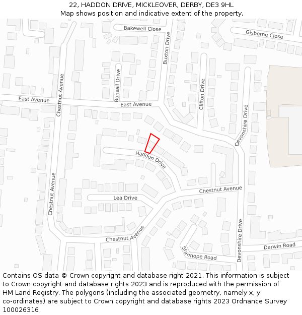 22, HADDON DRIVE, MICKLEOVER, DERBY, DE3 9HL: Location map and indicative extent of plot