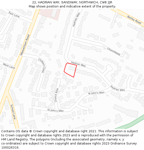 22, HADRIAN WAY, SANDIWAY, NORTHWICH, CW8 2JR: Location map and indicative extent of plot