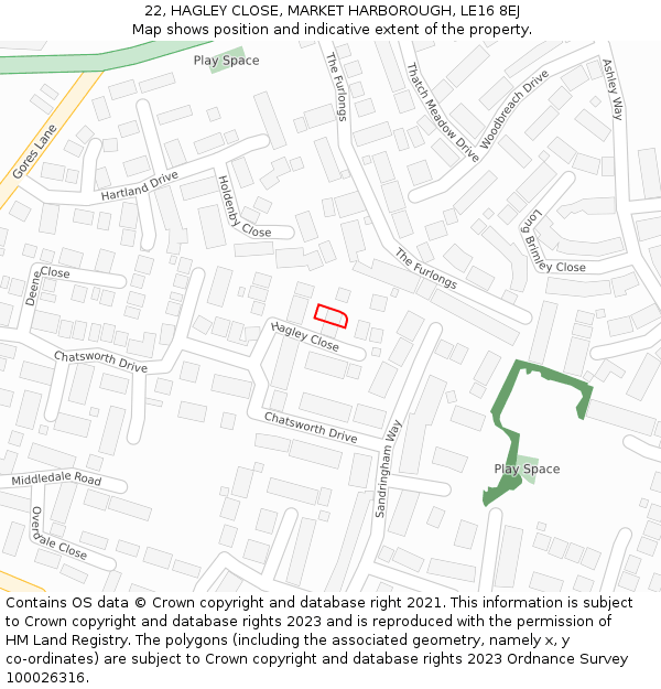 22, HAGLEY CLOSE, MARKET HARBOROUGH, LE16 8EJ: Location map and indicative extent of plot