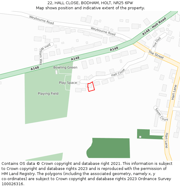 22, HALL CLOSE, BODHAM, HOLT, NR25 6PW: Location map and indicative extent of plot