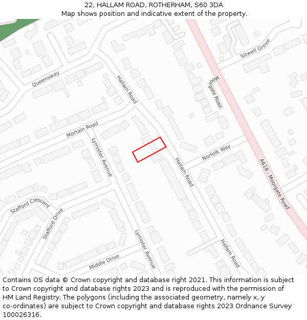 22, HALLAM ROAD, ROTHERHAM, S60 3DA: Location map and indicative extent of plot