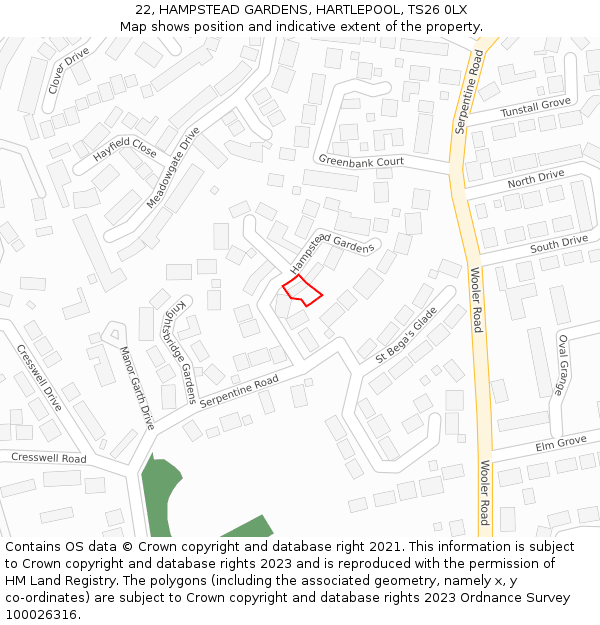 22, HAMPSTEAD GARDENS, HARTLEPOOL, TS26 0LX: Location map and indicative extent of plot