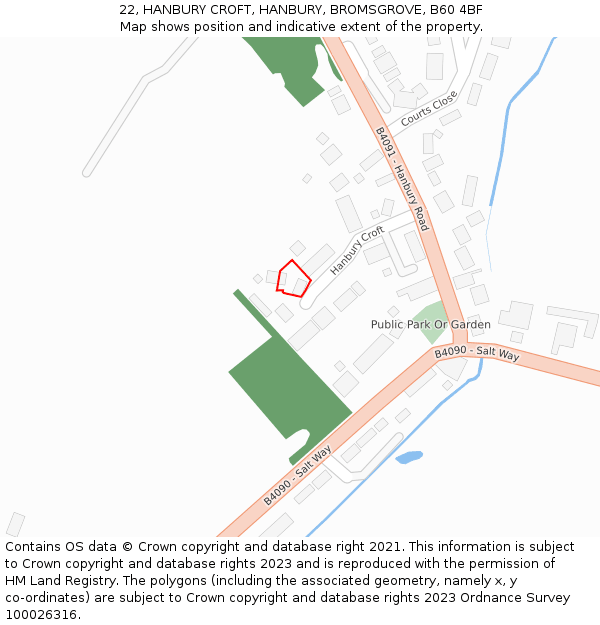 22, HANBURY CROFT, HANBURY, BROMSGROVE, B60 4BF: Location map and indicative extent of plot