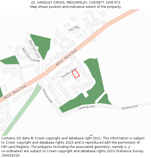 22, HANDLEY CROSS, MEDOMSLEY, CONSETT, DH8 6TZ: Location map and indicative extent of plot