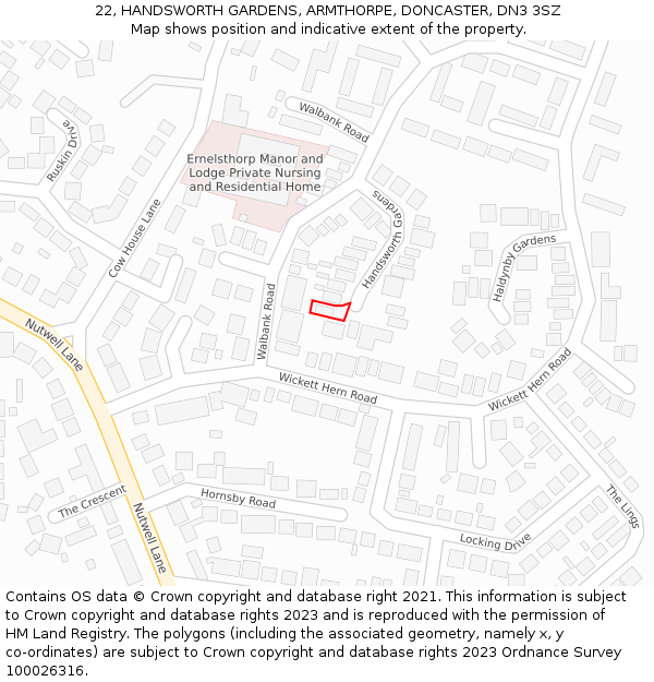 22, HANDSWORTH GARDENS, ARMTHORPE, DONCASTER, DN3 3SZ: Location map and indicative extent of plot