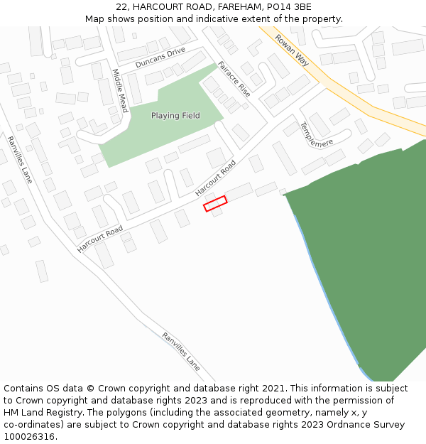 22, HARCOURT ROAD, FAREHAM, PO14 3BE: Location map and indicative extent of plot