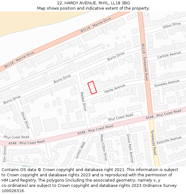 22, HARDY AVENUE, RHYL, LL18 3BG: Location map and indicative extent of plot