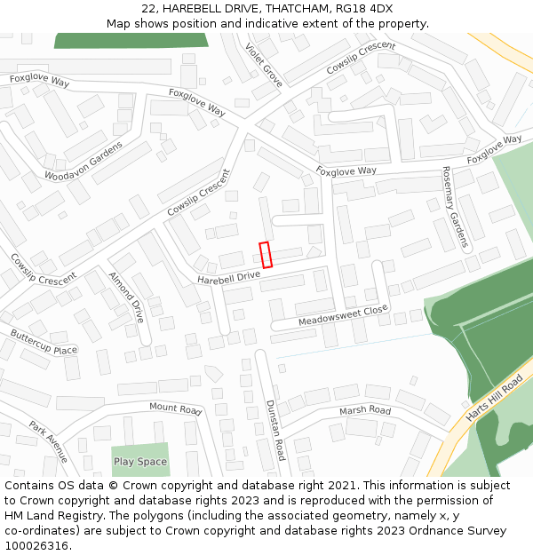 22, HAREBELL DRIVE, THATCHAM, RG18 4DX: Location map and indicative extent of plot