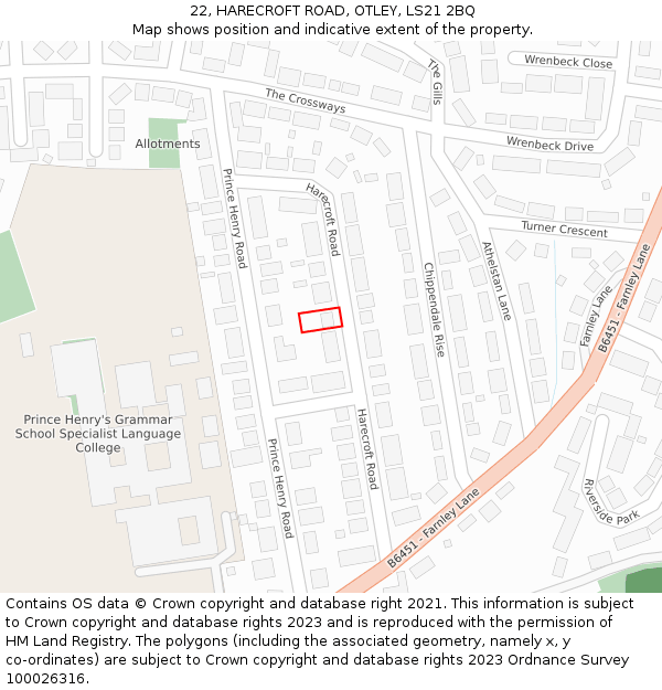 22, HARECROFT ROAD, OTLEY, LS21 2BQ: Location map and indicative extent of plot