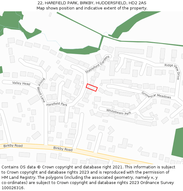 22, HAREFIELD PARK, BIRKBY, HUDDERSFIELD, HD2 2AS: Location map and indicative extent of plot