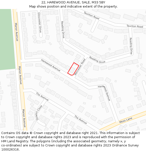 22, HAREWOOD AVENUE, SALE, M33 5BY: Location map and indicative extent of plot