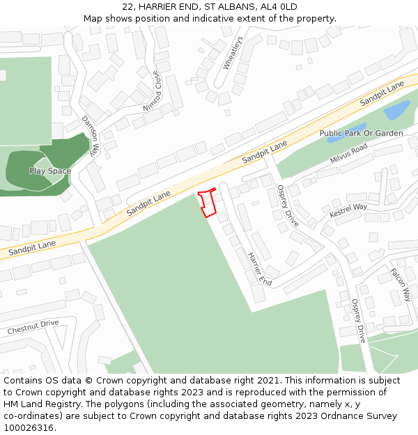 22, HARRIER END, ST ALBANS, AL4 0LD: Location map and indicative extent of plot