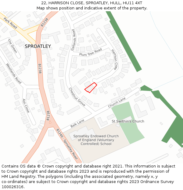 22, HARRISON CLOSE, SPROATLEY, HULL, HU11 4XT: Location map and indicative extent of plot