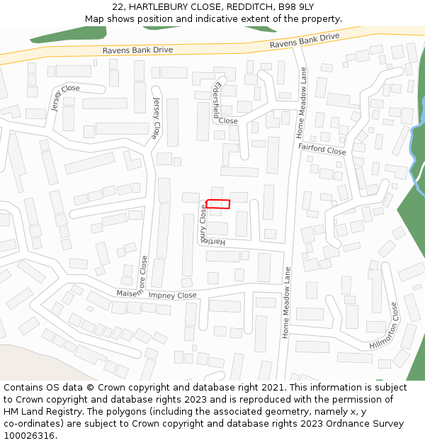 22, HARTLEBURY CLOSE, REDDITCH, B98 9LY: Location map and indicative extent of plot