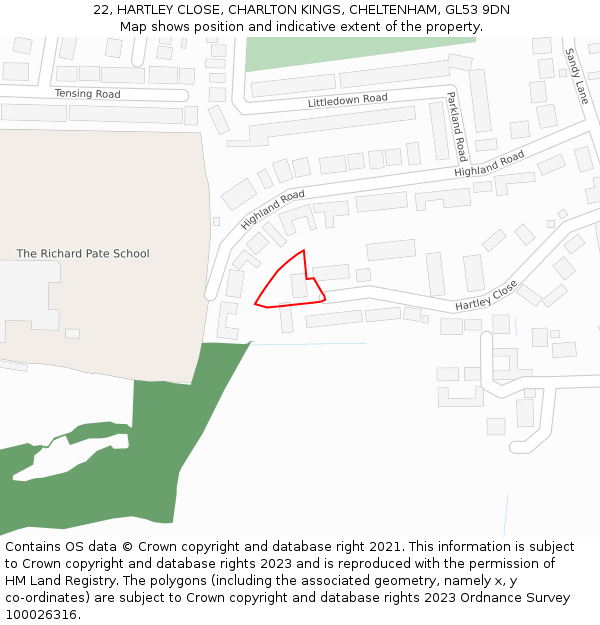 22, HARTLEY CLOSE, CHARLTON KINGS, CHELTENHAM, GL53 9DN: Location map and indicative extent of plot