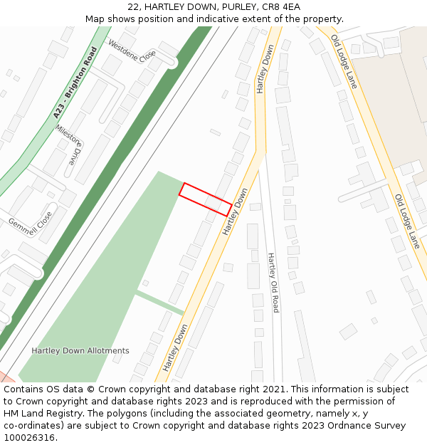 22, HARTLEY DOWN, PURLEY, CR8 4EA: Location map and indicative extent of plot