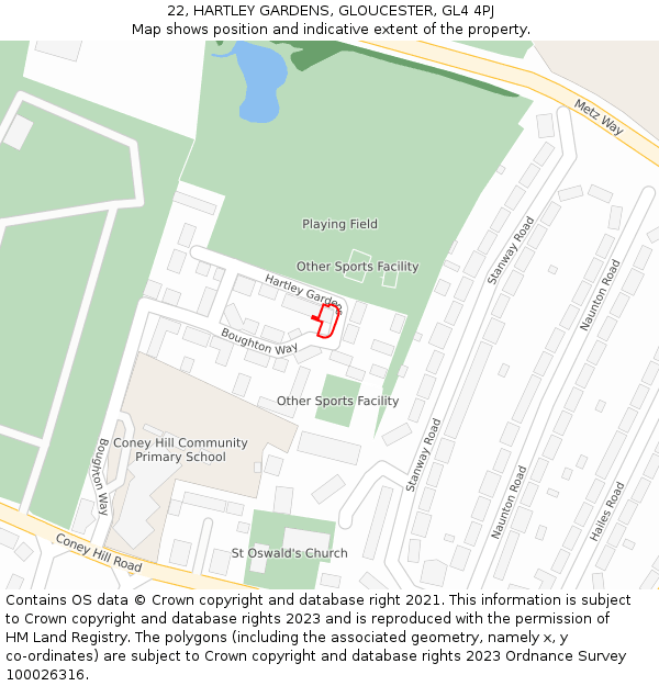 22, HARTLEY GARDENS, GLOUCESTER, GL4 4PJ: Location map and indicative extent of plot