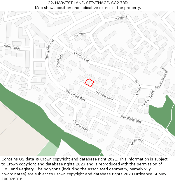 22, HARVEST LANE, STEVENAGE, SG2 7RD: Location map and indicative extent of plot