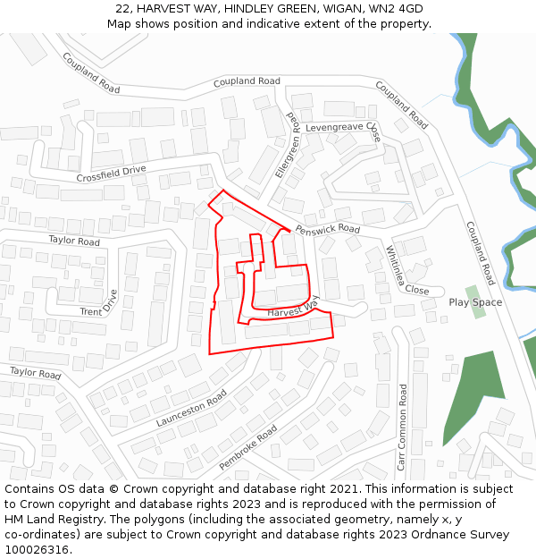 22, HARVEST WAY, HINDLEY GREEN, WIGAN, WN2 4GD: Location map and indicative extent of plot