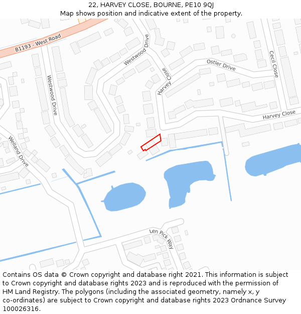 22, HARVEY CLOSE, BOURNE, PE10 9QJ: Location map and indicative extent of plot