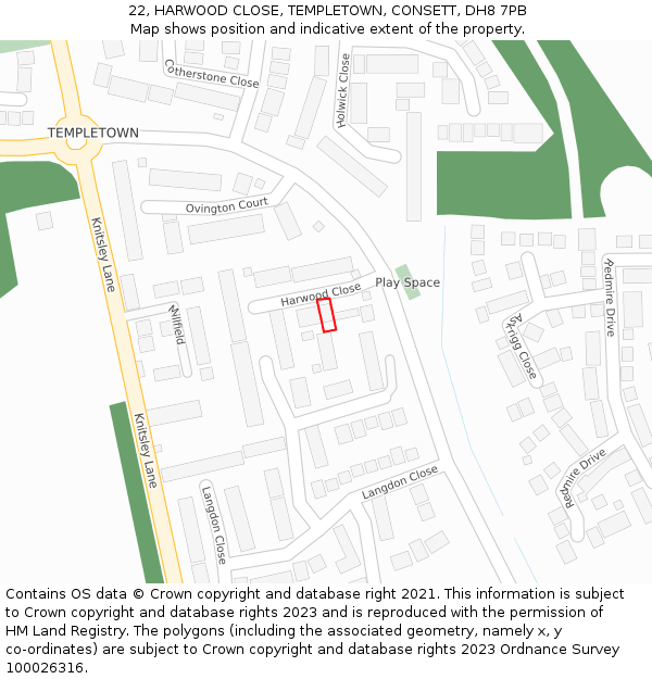 22, HARWOOD CLOSE, TEMPLETOWN, CONSETT, DH8 7PB: Location map and indicative extent of plot