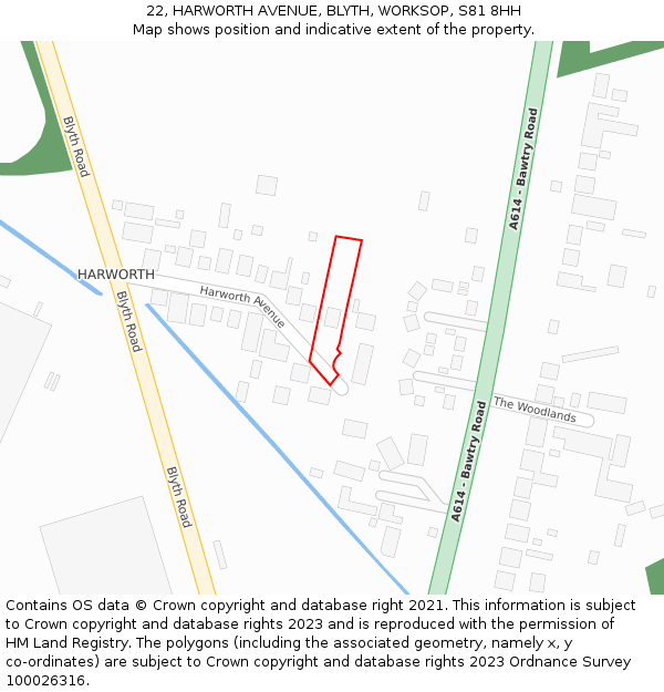 22, HARWORTH AVENUE, BLYTH, WORKSOP, S81 8HH: Location map and indicative extent of plot