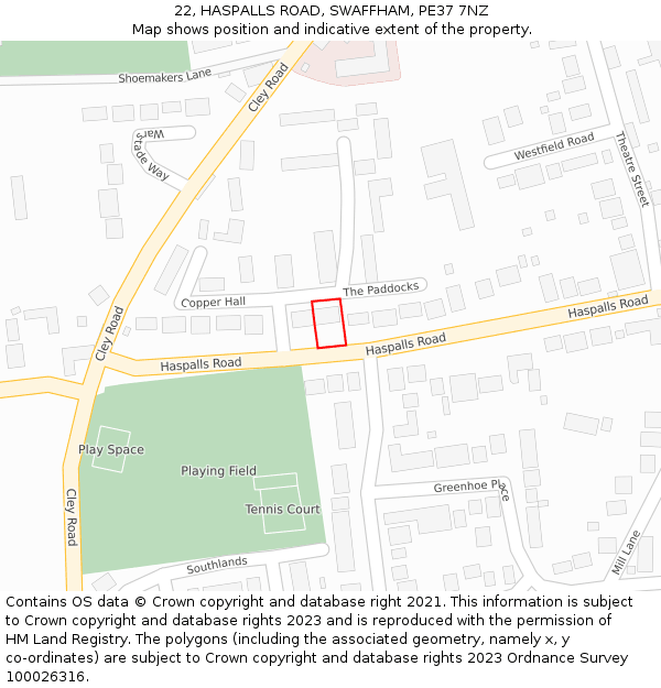 22, HASPALLS ROAD, SWAFFHAM, PE37 7NZ: Location map and indicative extent of plot