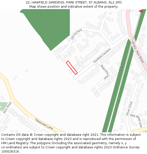 22, HAWFIELD GARDENS, PARK STREET, ST ALBANS, AL2 2PD: Location map and indicative extent of plot