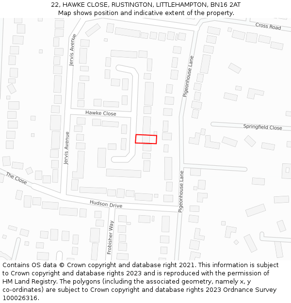 22, HAWKE CLOSE, RUSTINGTON, LITTLEHAMPTON, BN16 2AT: Location map and indicative extent of plot