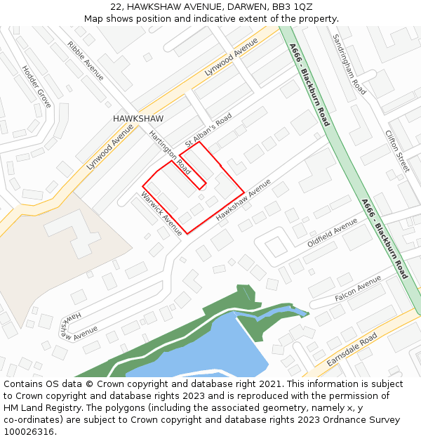 22, HAWKSHAW AVENUE, DARWEN, BB3 1QZ: Location map and indicative extent of plot