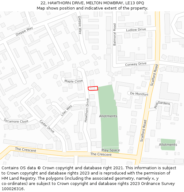 22, HAWTHORN DRIVE, MELTON MOWBRAY, LE13 0PQ: Location map and indicative extent of plot