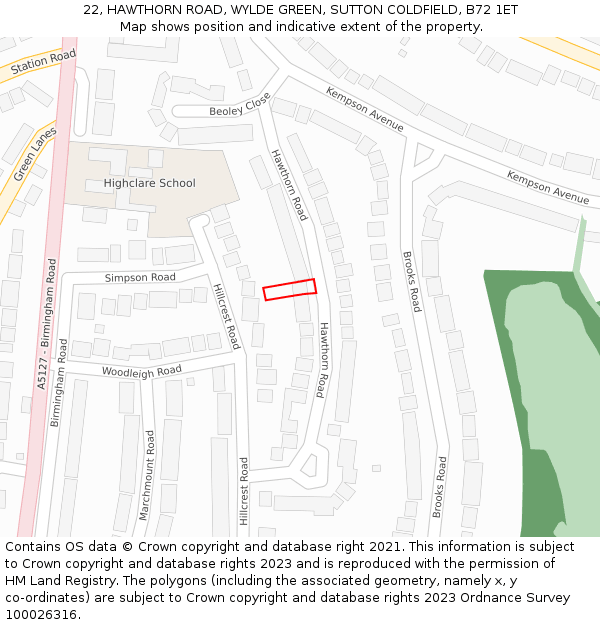 22, HAWTHORN ROAD, WYLDE GREEN, SUTTON COLDFIELD, B72 1ET: Location map and indicative extent of plot