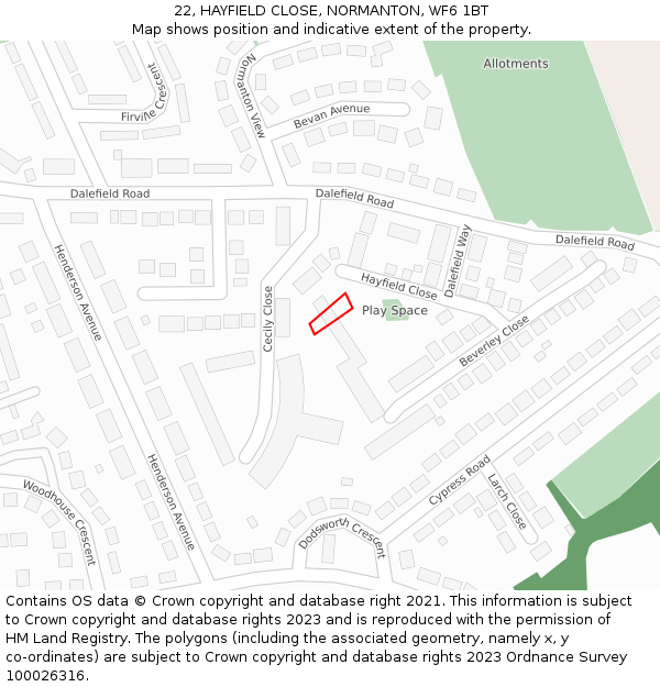 22, HAYFIELD CLOSE, NORMANTON, WF6 1BT: Location map and indicative extent of plot