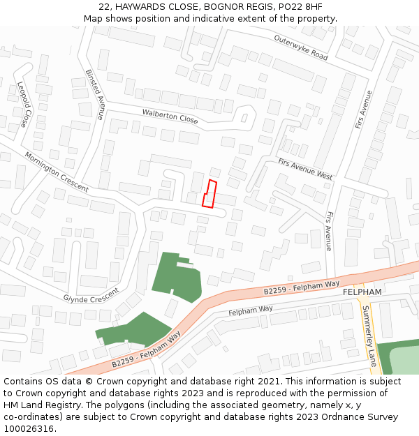 22, HAYWARDS CLOSE, BOGNOR REGIS, PO22 8HF: Location map and indicative extent of plot