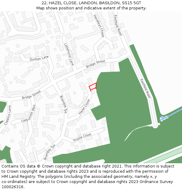 22, HAZEL CLOSE, LAINDON, BASILDON, SS15 5GT: Location map and indicative extent of plot