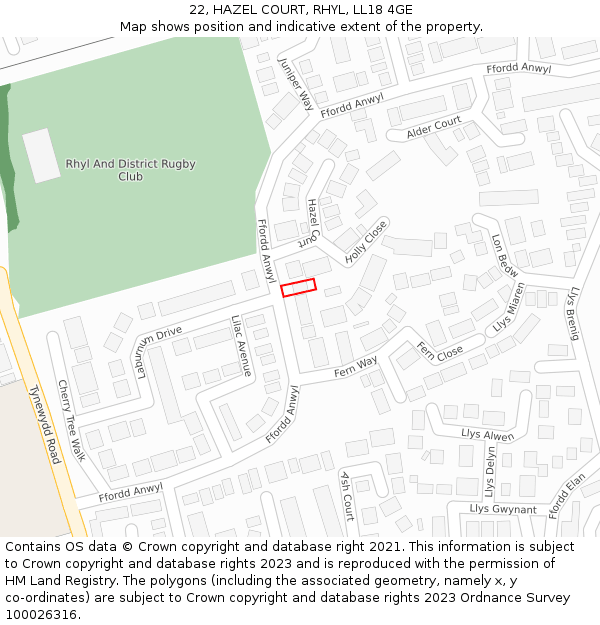 22, HAZEL COURT, RHYL, LL18 4GE: Location map and indicative extent of plot