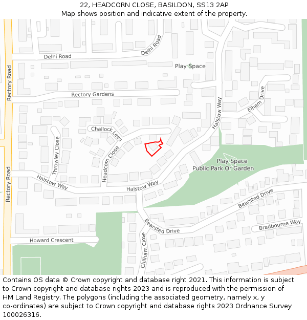 22, HEADCORN CLOSE, BASILDON, SS13 2AP: Location map and indicative extent of plot