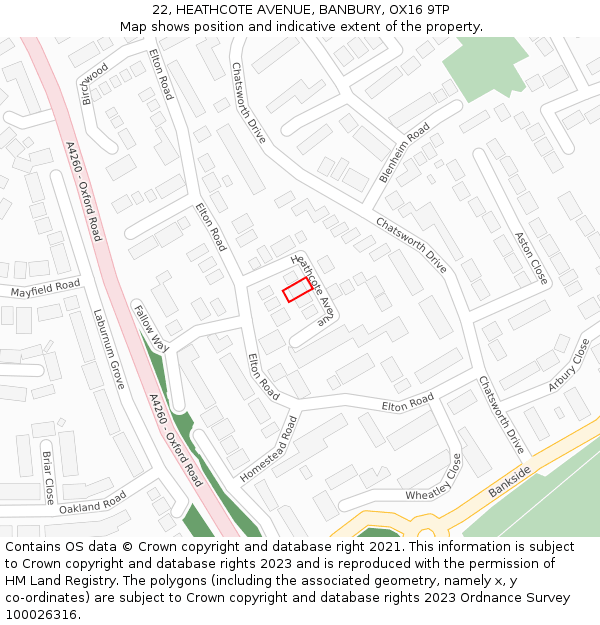 22, HEATHCOTE AVENUE, BANBURY, OX16 9TP: Location map and indicative extent of plot