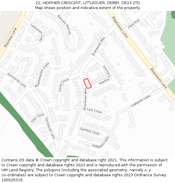 22, HEATHER CRESCENT, LITTLEOVER, DERBY, DE23 2TD: Location map and indicative extent of plot