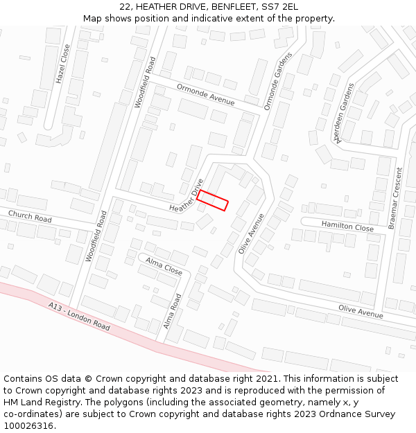 22, HEATHER DRIVE, BENFLEET, SS7 2EL: Location map and indicative extent of plot