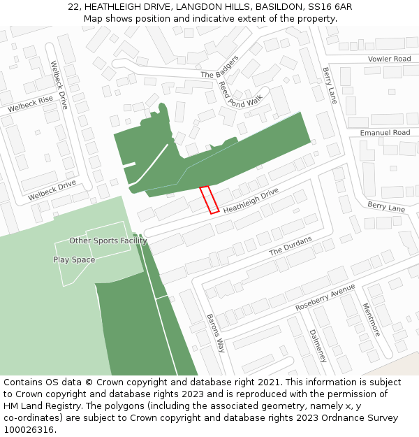22, HEATHLEIGH DRIVE, LANGDON HILLS, BASILDON, SS16 6AR: Location map and indicative extent of plot