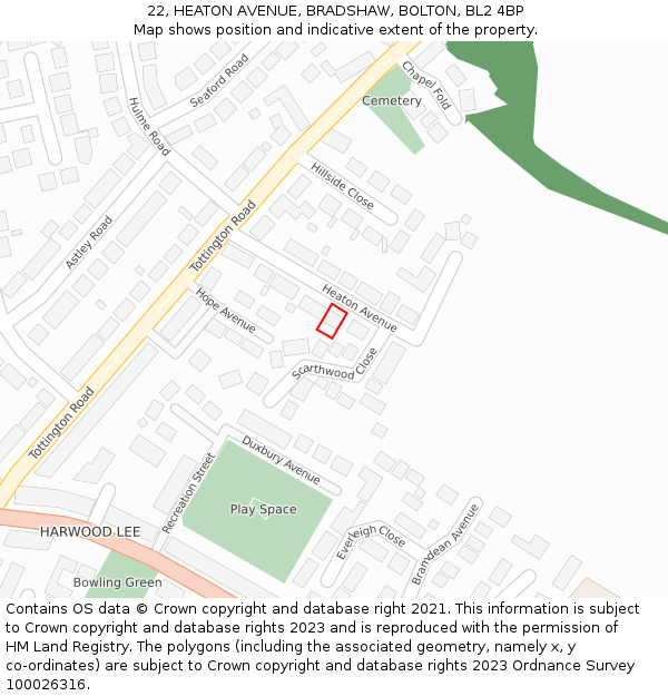 22, HEATON AVENUE, BRADSHAW, BOLTON, BL2 4BP: Location map and indicative extent of plot