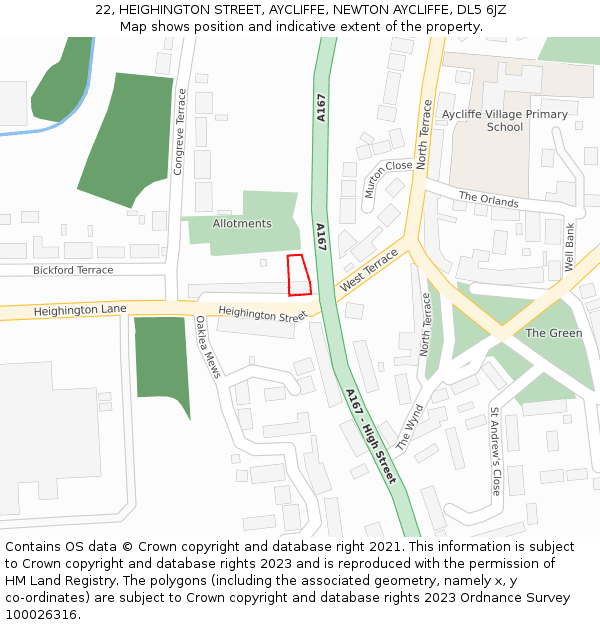 22, HEIGHINGTON STREET, AYCLIFFE, NEWTON AYCLIFFE, DL5 6JZ: Location map and indicative extent of plot