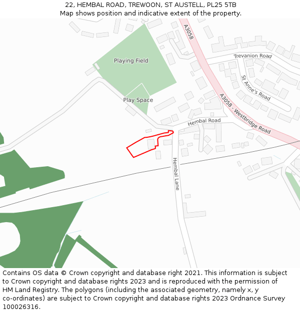 22, HEMBAL ROAD, TREWOON, ST AUSTELL, PL25 5TB: Location map and indicative extent of plot